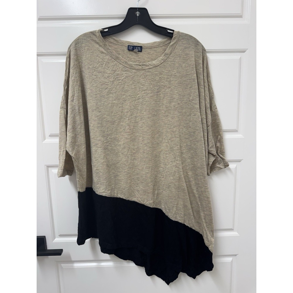 Top Ligne Women Large Tan Black Colorblock Asymmetrical Knit Blouse Pullover